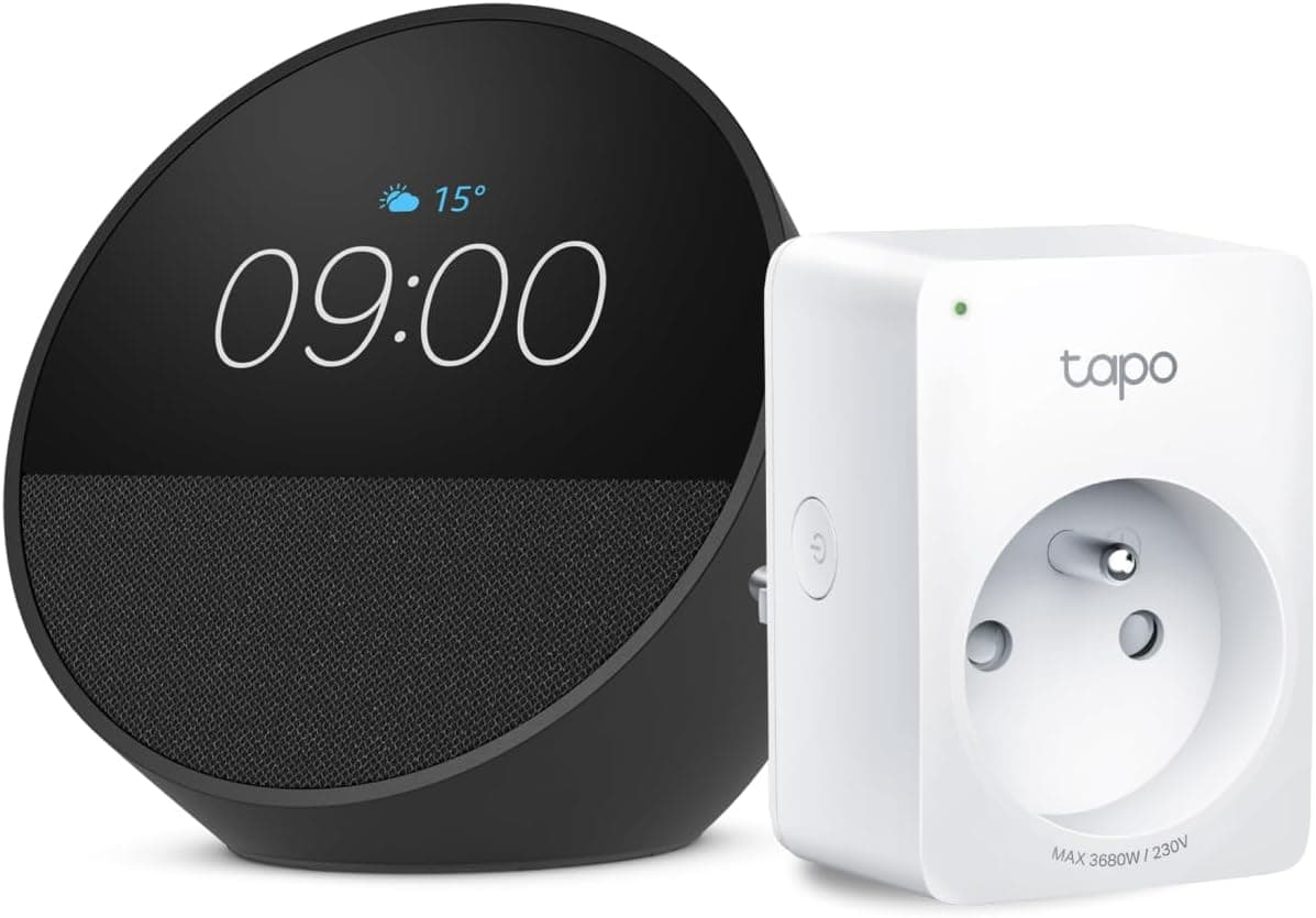 Echo Spot | Noir + Tapo Matter Prise Connectée, Fonctionne avec Alexa - Kit de démarrage Maison connectée - Image 1