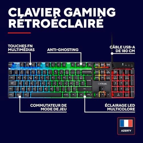 Trust Gaming GXT 835 Azor Wired French AZERTY Gaming Keyboard, LED Rainbow Lighting, Gaming Mode, 8 Anti-Ghosting Keys, USB Membrane Gaming Keyboard, PC/Laptop – Black - Image 5