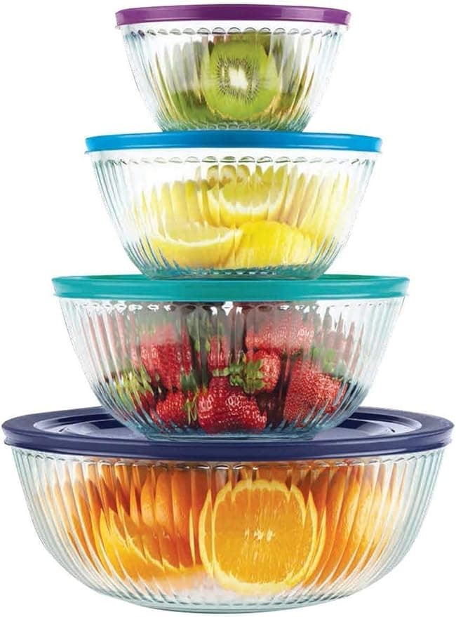 Pyrex Pyrex 8 Piece Ribbed Bowl (4) Set Including Assorted Colored Locking Lids (Ribbed) by Pyrex