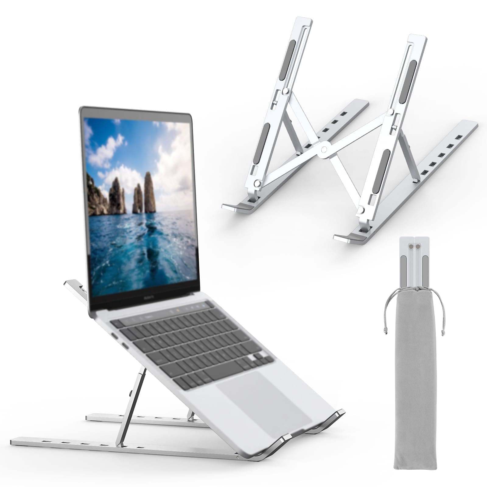 GRIFEMA GB1054 Adjustable Laptop Stand, Foldable Aluminum PC Stand 6 Levels Height, Compatible with MacBook Air/Pro, Dell 10-17.3 Inch, Lightweight and Stable – Silver