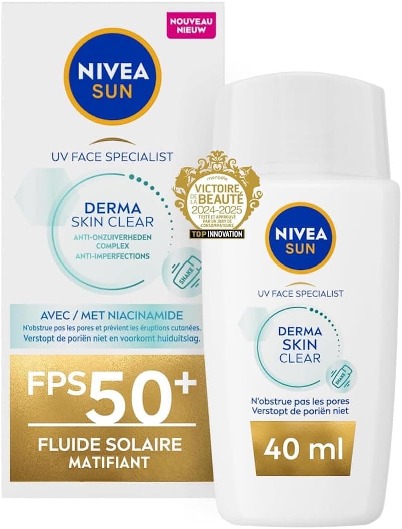 NIVEA SUN Derma Skin Clear Protection Solaire Visage FPS 50+ (1x40ml) — Fluide visage matifiant à la texture ultra-légère — Soin solaire pour les peaux mixtes à grasses