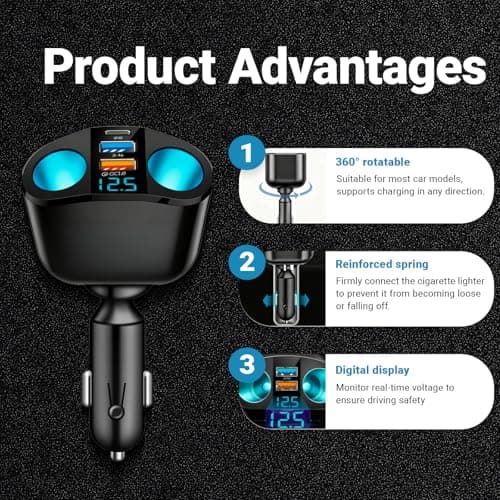 USB Cigarette Lighter, Car Phone Charger, Dual Cigarette Lighter Adapter 120W PD3.0 2.4A, Suitable for Mobile Phones, Tablets and On-Board Cameras - Image 5