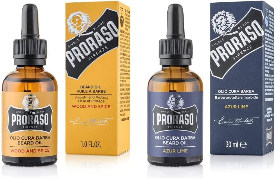 Proraso Huile Barbe, Soin Visage Homme Parfum Bois & Épice, Huile pour Barbe Adoucissante & Protectrice Enrichie en Huiles de Macadamia & Avocat, 30 ml & Huile Barbe Azur Lime, 30 ml