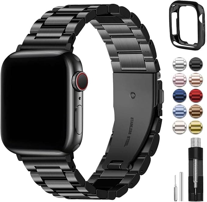 Fullmosa Compatible with Apple Watch Band 44mm 45mm 42mm, Stainless Steel iWatch Band for Apple Watch Se1/2/3 Series 9/8/7/6/5/4/3/2/1(Black, 42mm/44mm/45mm)