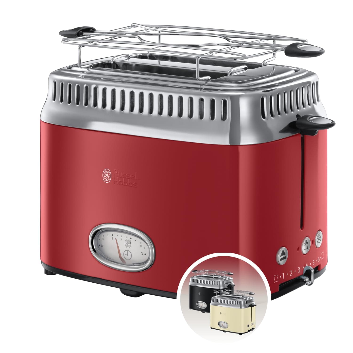 Russell Hobbs Toaster Toaster (Vintage Premium Design) Retro Red (2 Slices, 6 Levels of Fast Burning, Cancellation, Defrost and Reheating Function, Viennese Pastry, 1300W) Toaster 21680-56