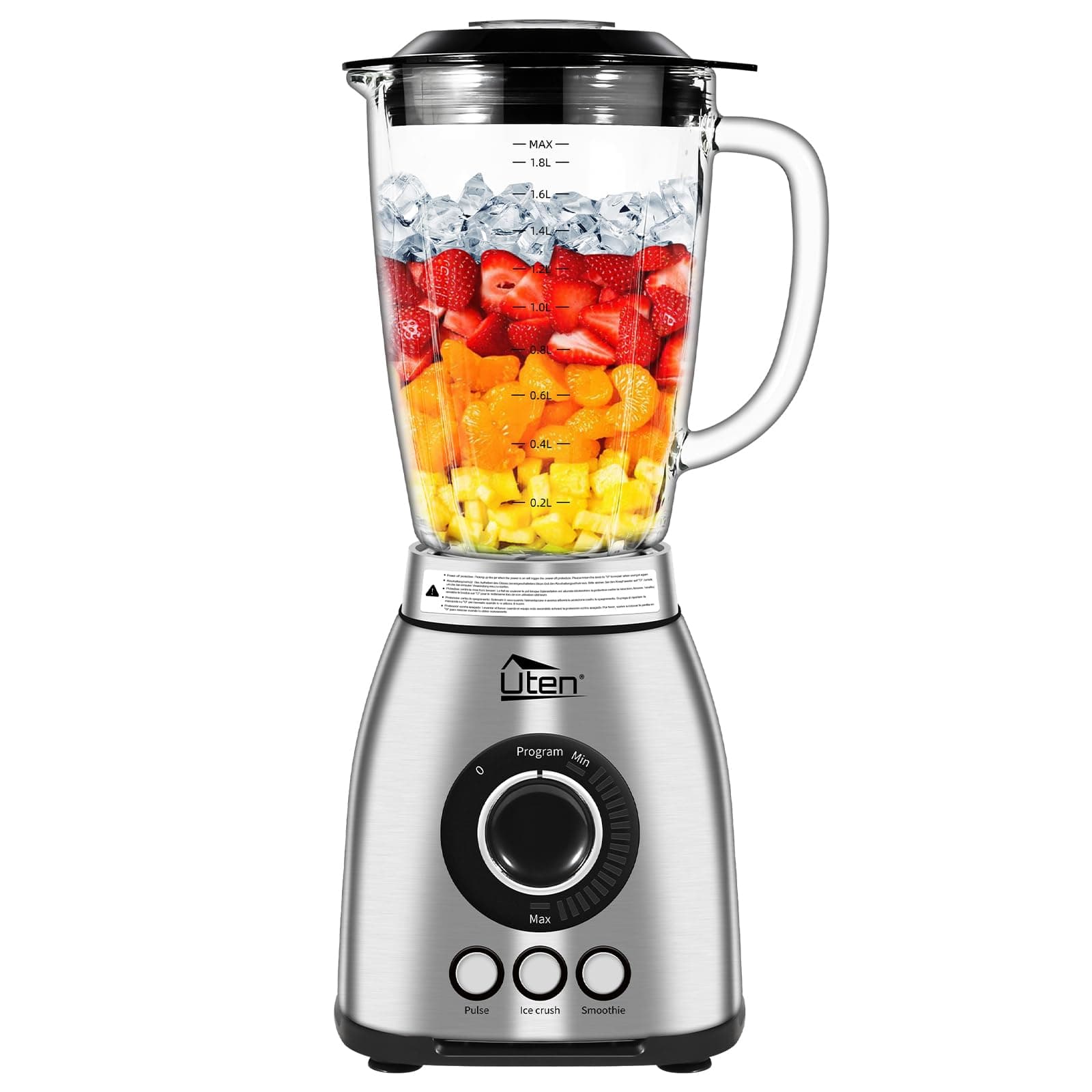 Uten Blender à Smoothie 2 L, Mixeur de Cuisine 1800 W, Glace Pilée, Smoothie, Impulsion et 18 Vitesses, Bocal en Verre, Boîtier en Acier Inoxydable, Lame à 6, Grains de Café Moulus - Image 1