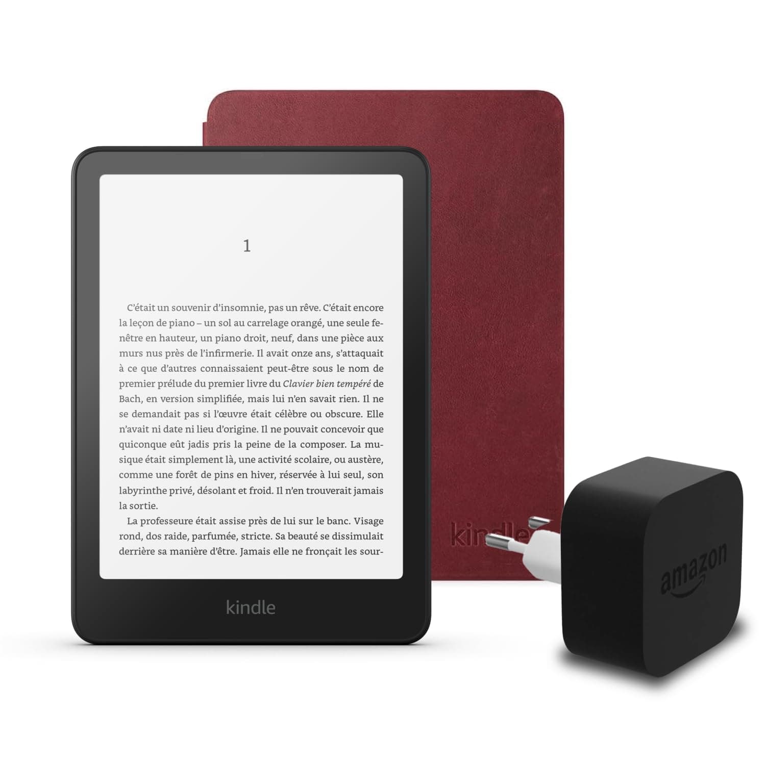 Le dernier Kindle Paperwhite (version 2024) 16 GB sans publicité, une housse en cuir Amazon Premium et un adaptateur secteur Amazon Powerfast 9 W.