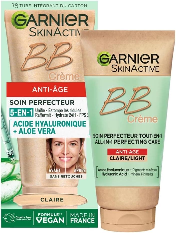 Garnier GARNIER Skin Active - BB Cream Anti-Aging - All-in-1 Perfecting Care - Firms & Hydrates - SPF 25 - Hyaluronic Acid & Aloe Vera - Vegan & Cruelty Free - All Skin Types - Light Tint - 50 ml