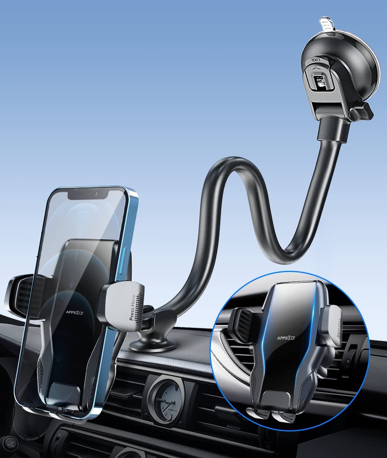 Mobil APPS2Car Car Phone Holder, Windshield Dashboard Mount, Adjustable Long Arm Gooseneck Mobile Cradle, Hands-Free Air Vent Holder Universal iPhone 13/12/11 Samsung