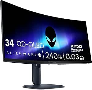 Alienware 34 PC Gaming Monitor - AW3425DW, WQHD (3440x1440), 21:9 1800R Curved, 240Hz, QD OLED, 0.03ms, Compatible with NVIDIA G-Sync, AMD FreeSync Premium Pro, HDR True Black 400, USB-C, 3-Year