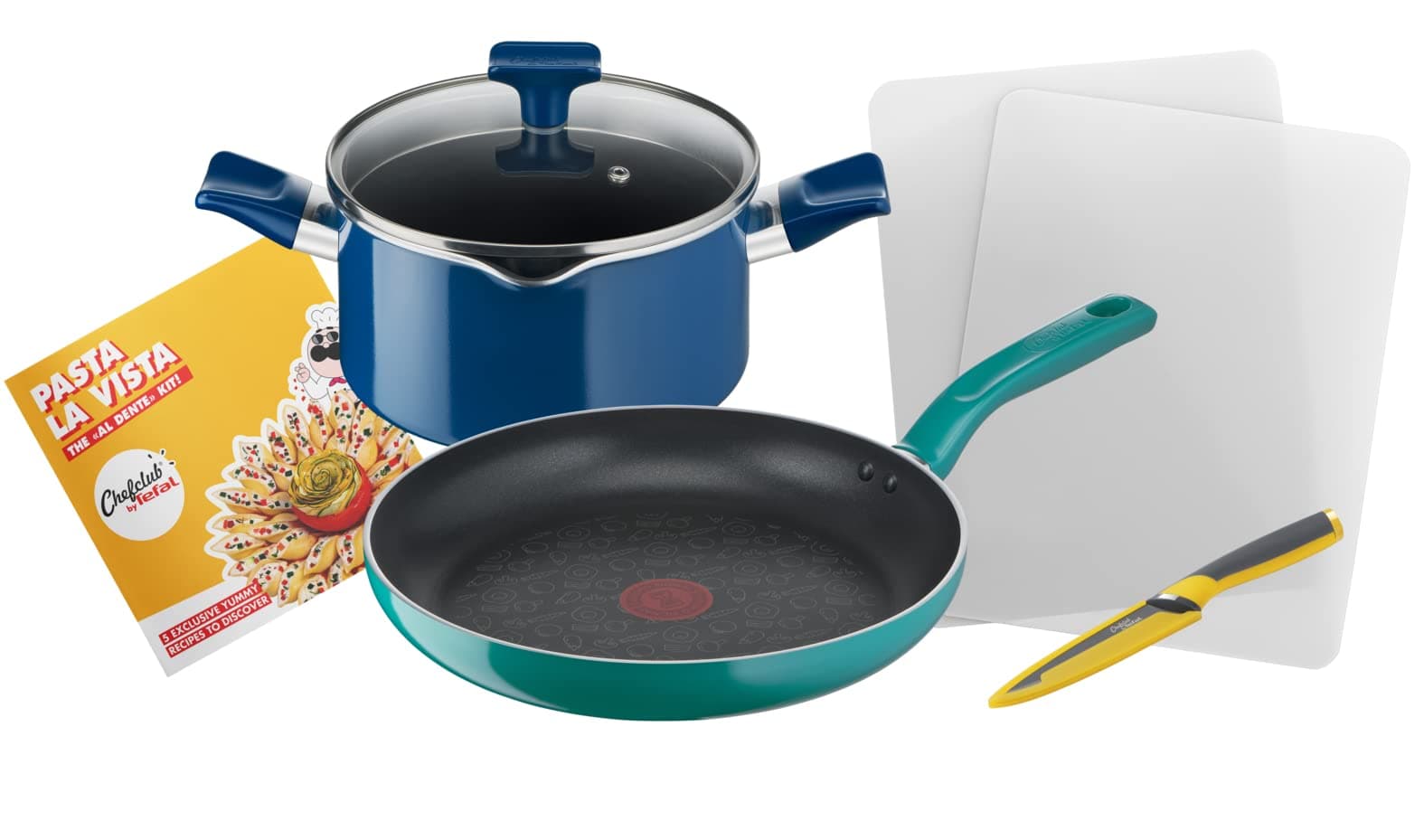 Tefal Chefclub by Tefal Pasta la Vista Cooking Set 28 cm Frying Pan 20 cm Casserole + Lid, Fresh Kitchen Knife, 2 Cutting Boards, Recipe Booklet G804S404
