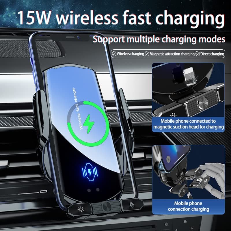 Wireless Phone Holder for Car Charger 15W Fast Charging Mobile Phone Holder Wireless Charging Magnetic Head with Type-C/iOS/Micro USB Port (Black) - Image 6
