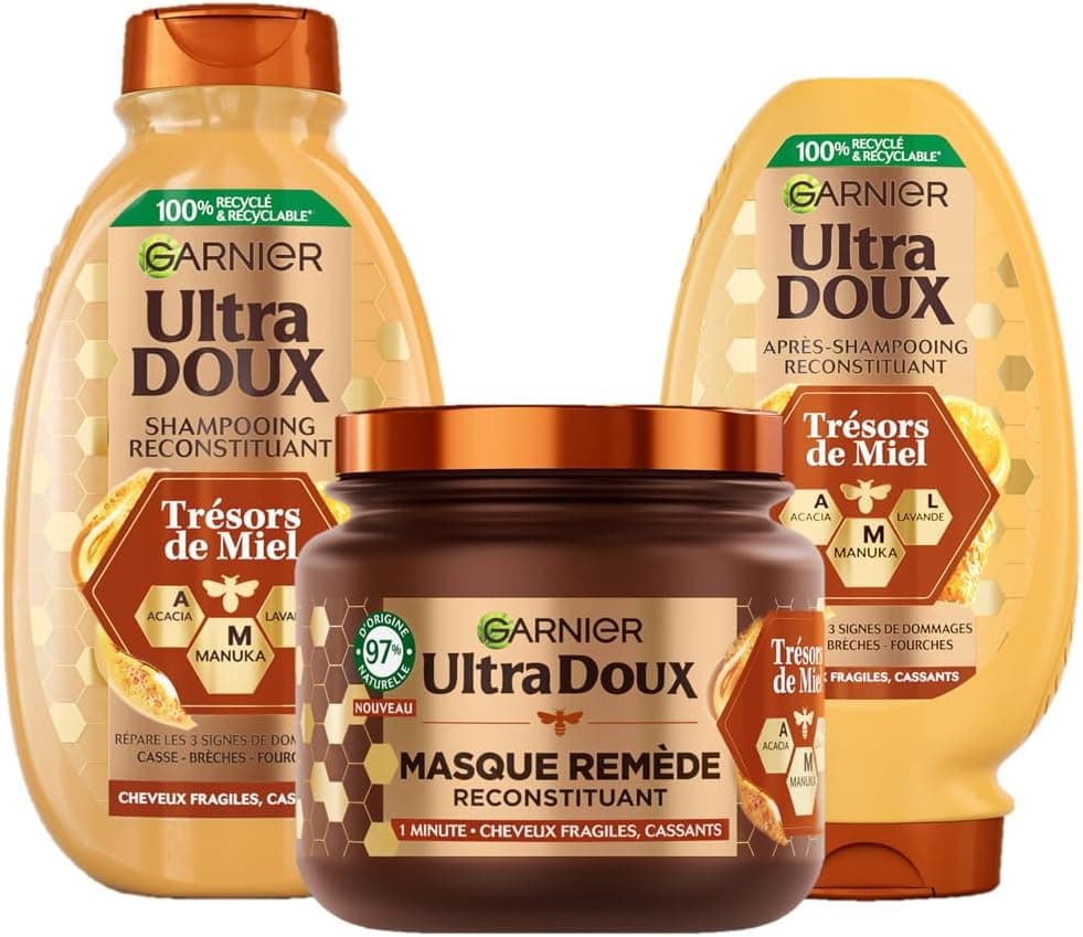 Garnier Ultra Doux Trésors de Miel - Replenishing Hair Routine - Shampoo, Conditioner & Mask - With Beeswax & Acacia Honey - For Fragile & Brittle Hair - Image 1