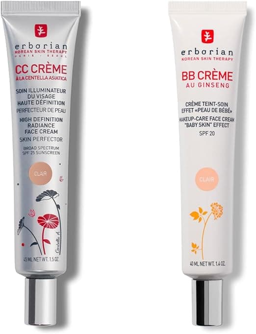 Erborian CC Cream Centella Asiatica - Complexion and Illuminating Care - SPF 25 Clear 45ml + Erborian BB Cream Ginseng - 5-in-1 Korean SPF 20 Clear 40 ml.