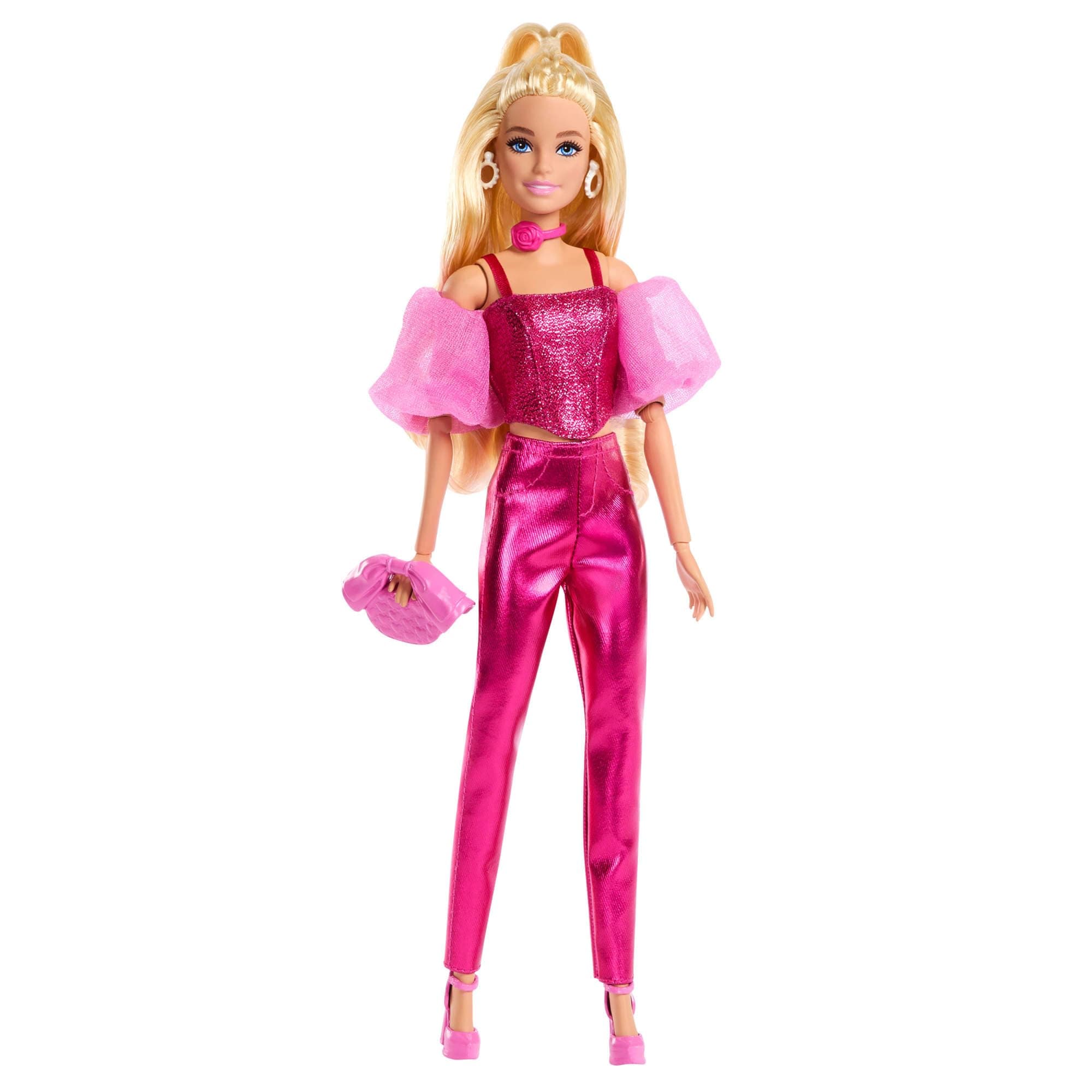 Barbie Barbie Deluxe Style #5 Doll with Pink Metallic Outfit, Blonde Hair, Shimmering Corset Top and Shiny Pants, Handbag and Pink Necklace for Accessories