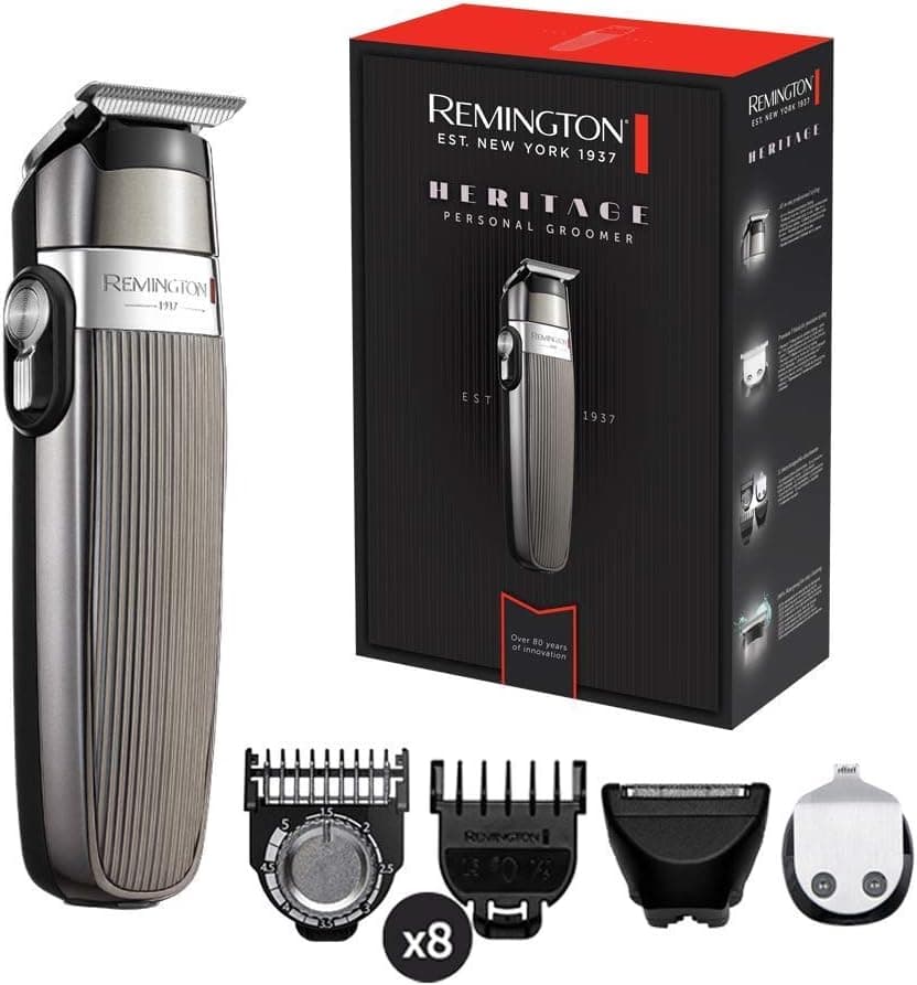 Remington Beard Trimmer [Multifunction Hair] Heritage (Premium Vintage Design, Precise, Self-Sharpening Stainless Steel T-Blades, 11 Accessories: 8 Combs 3-25mm, Wet&Dry) PG9100
