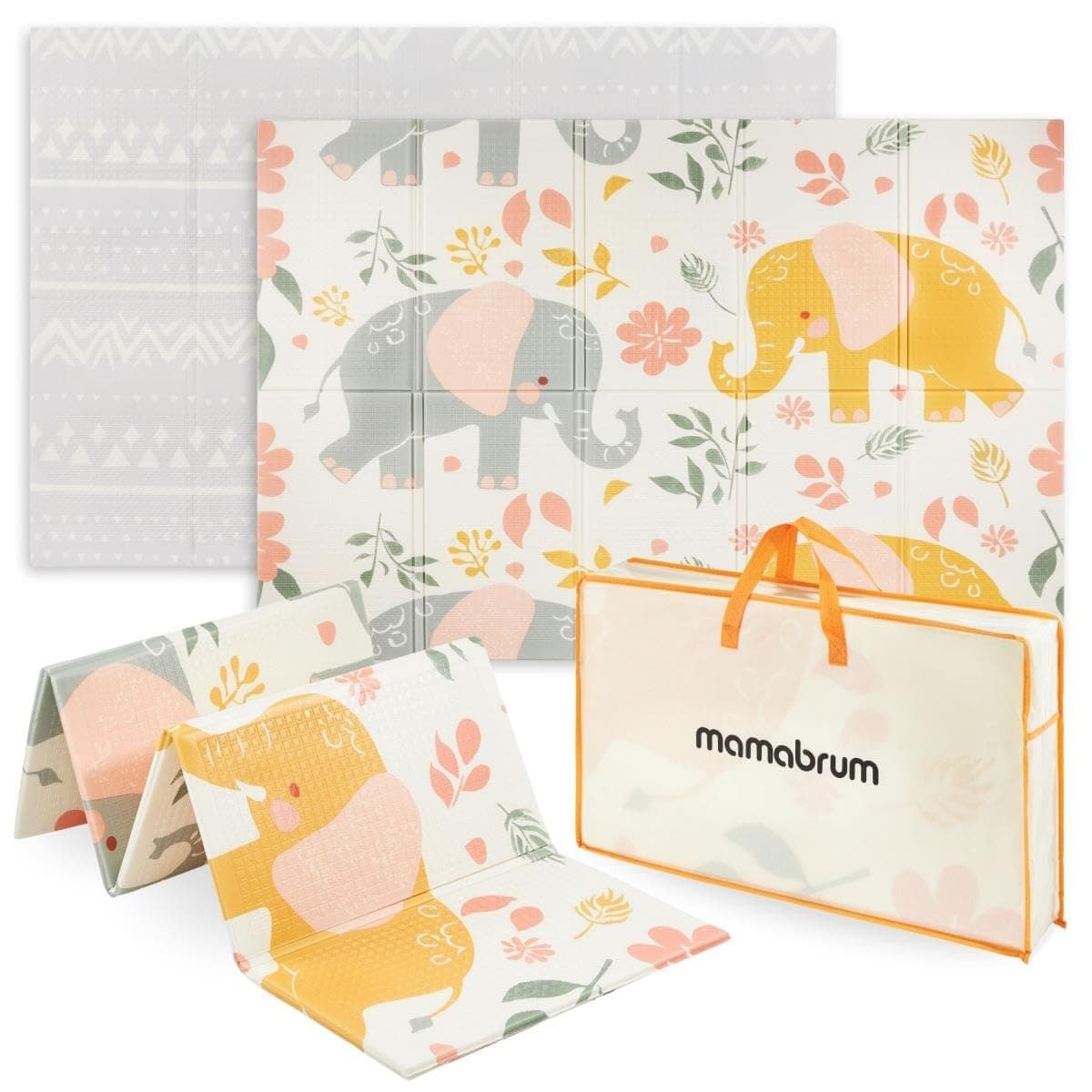 Mamabrum Double Sided Foldable Baby Foam Play Mat – 180 x 120 x 1 cm, Children's Play Mat, Exotic Elephants/Soft Grey, Non-Slip, Waterproof