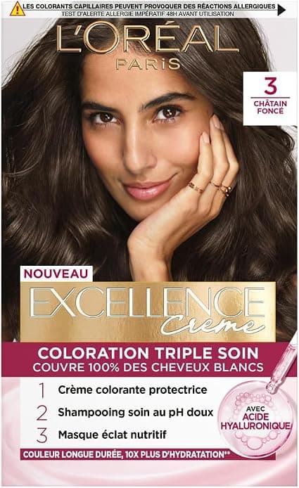 L'ORÉAL PARIS - Triple Care Permanent Hair Colour - Covers 100% of White Hair - Excellence Cream - Shade: Dark Brown (3) - Image 1