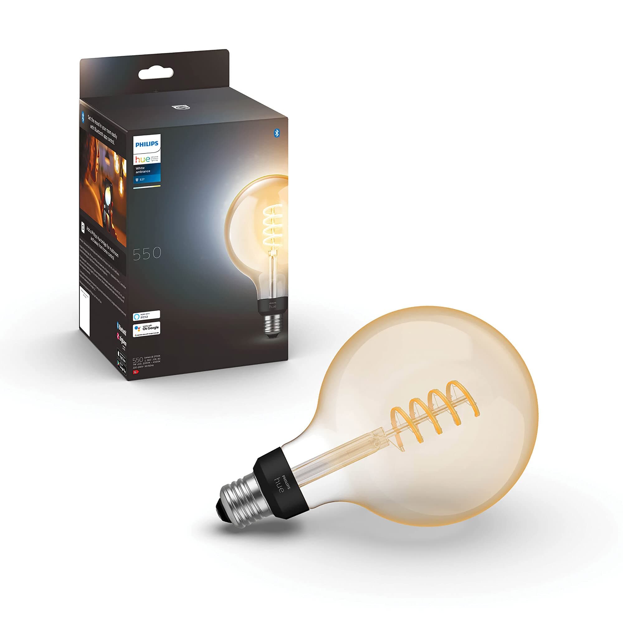 Philips Hue White Ambiance Smart LED Bulb E27 Filament G125 Giant Globe Bluetooth Compatible with Alexa, Google Assistant and Apple Homekit