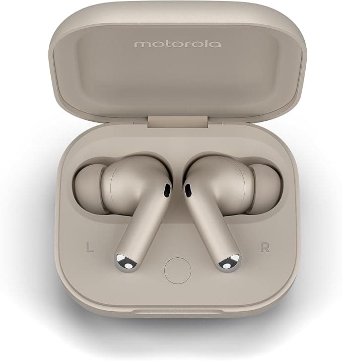 Motorola Moto Buds Plus, Wireless Earphones, Active Noise Reduction, Sound by Bose Wireless Earphones, Dolby Atmos Spatialized Sound with, Bluetooth Headphones Battery Life Up to 38h, Sand Beige - Image 1
