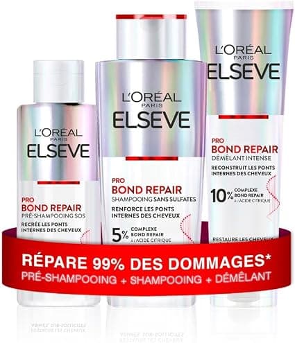 L'Oréal Paris - Repairing Hair Routine for Damaged & Over-Stressed Hair - Pre-Shampoo + Shampoo + Detangler - Citric Acid Complex - Elseve Pro Bond Repair - 3 Products - Image 1