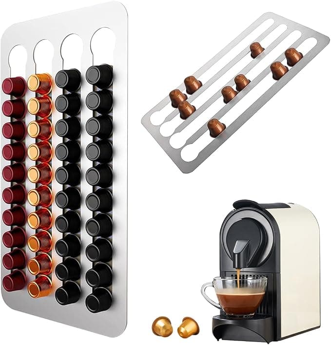 Coffee Capsules Stand for Storage Capsule Nespresso, 40.5 x 22 cm Stainless Steel Capsule Holder, 3 m Adhesive Tape Coffee Pod Organizer Stand, for Storage of 40 Coffee Capsules - Image 1