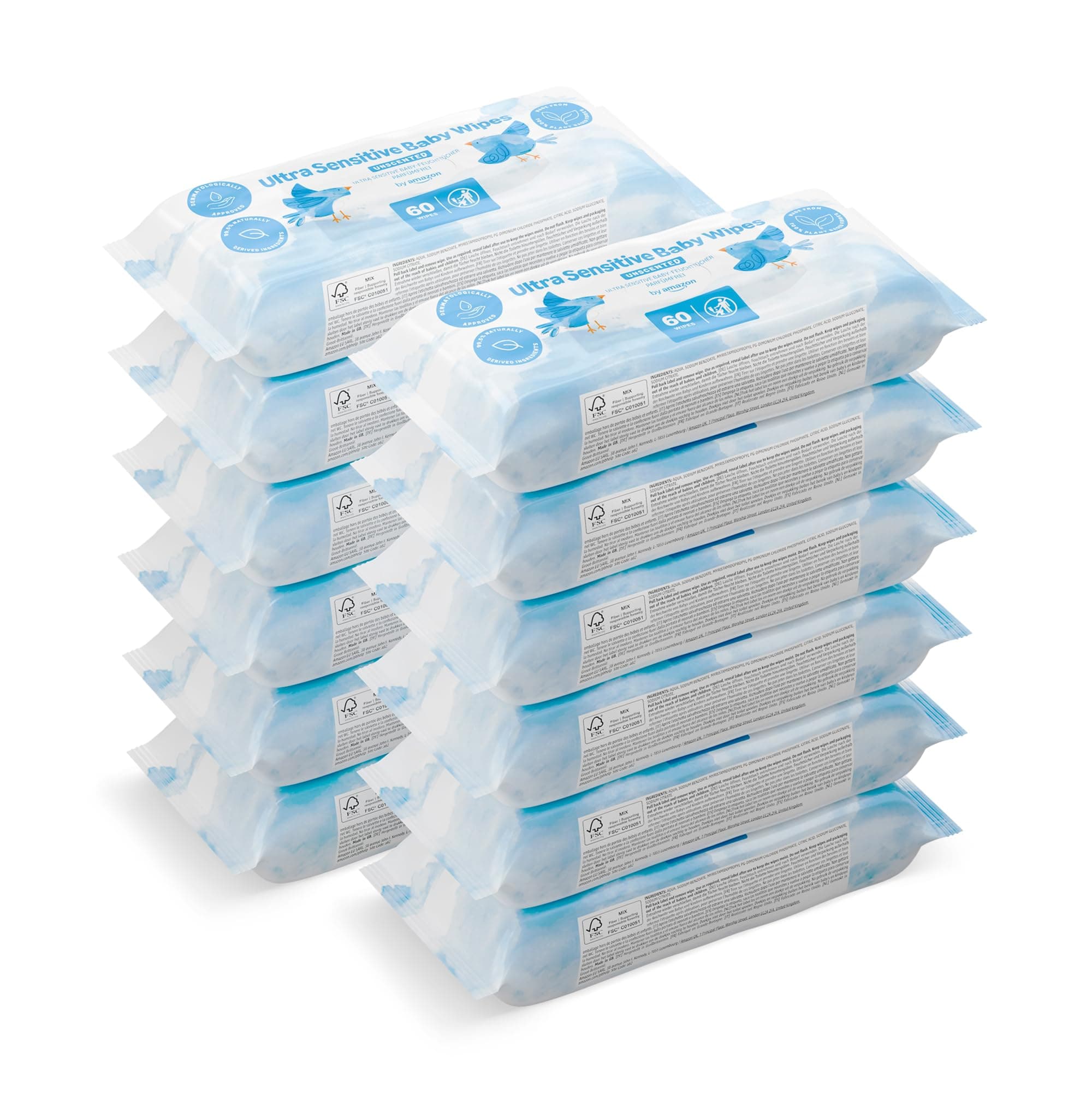 MAM by Amazon Ultra-Soft Baby Wipes, 100% Vegetable Fiber, 99% Water, 720 Wipes, Unscented, 12 Packs of 60 (formerly under the brand Mama Bear, same product)