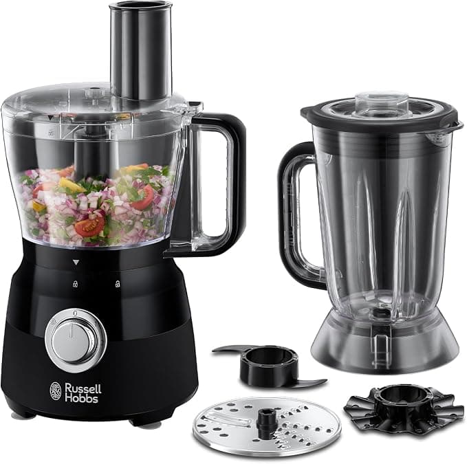 Russell Hobbs Desire 24732 Electric Food Processor, Bowl with 1.5 Litre Usable Capacity, 1.5 L Plastic Pitcher, Stainless Steel Blades, Reversible Slicing/Grating Disc, Hook - Image 1
