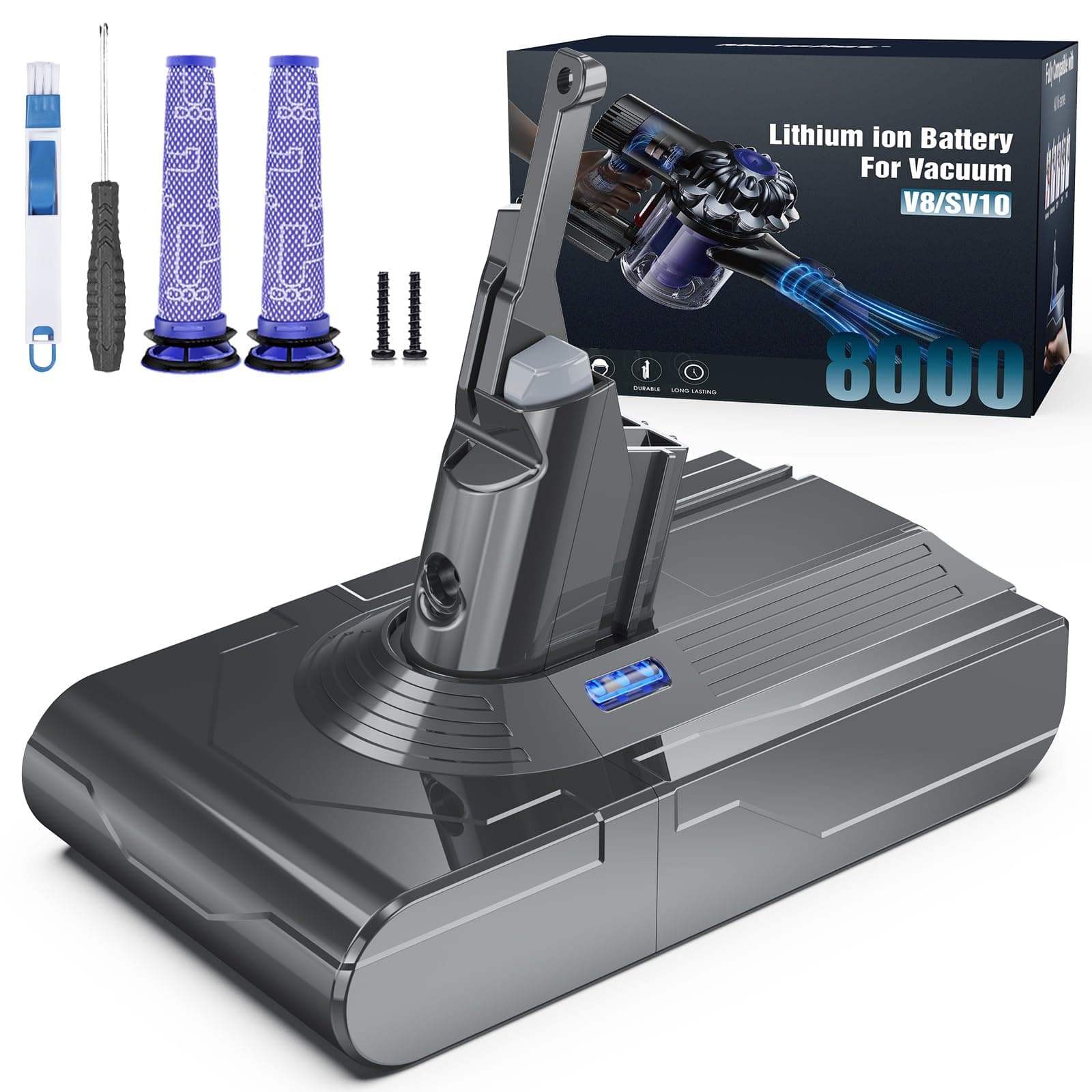 Morpilot 8000mAh Battery for Dyson V8 SV10, Compatible with Dyson SV25 Absolute Animal Motorhead Slim Parquet Fluffy Cordless Vacuum with 2 Washable Filters, 21.6V - Image 1
