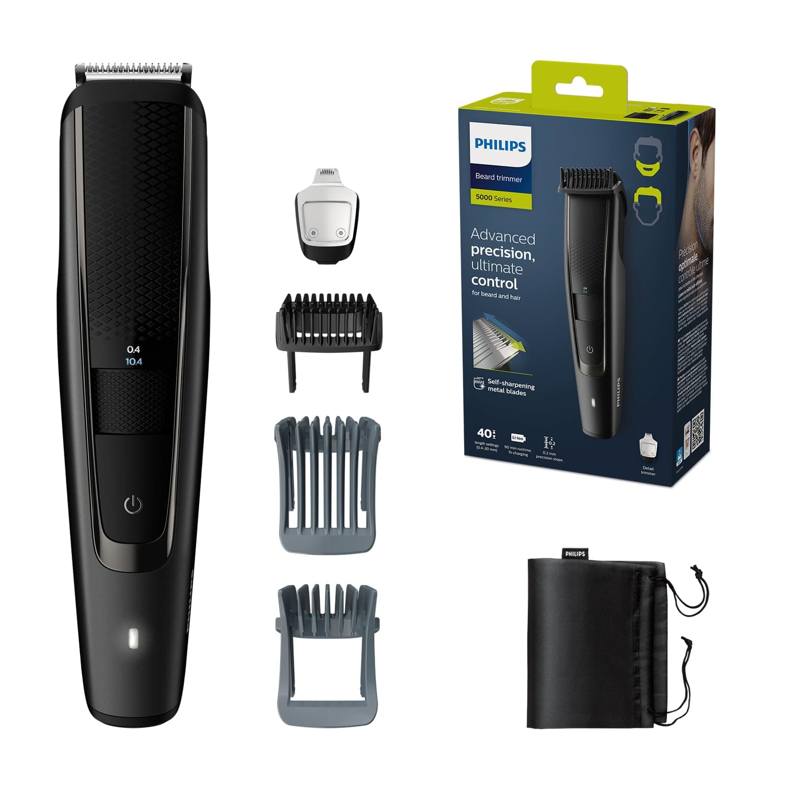 Philips Philips Series 5000 - Electric Beard Trimmer with Beard and Hair Combs, Cutting Guide System, 40 Adjustable Cutting Heights, 90 Min Runtime and 1 Hour Charge (Model BT5515/75)