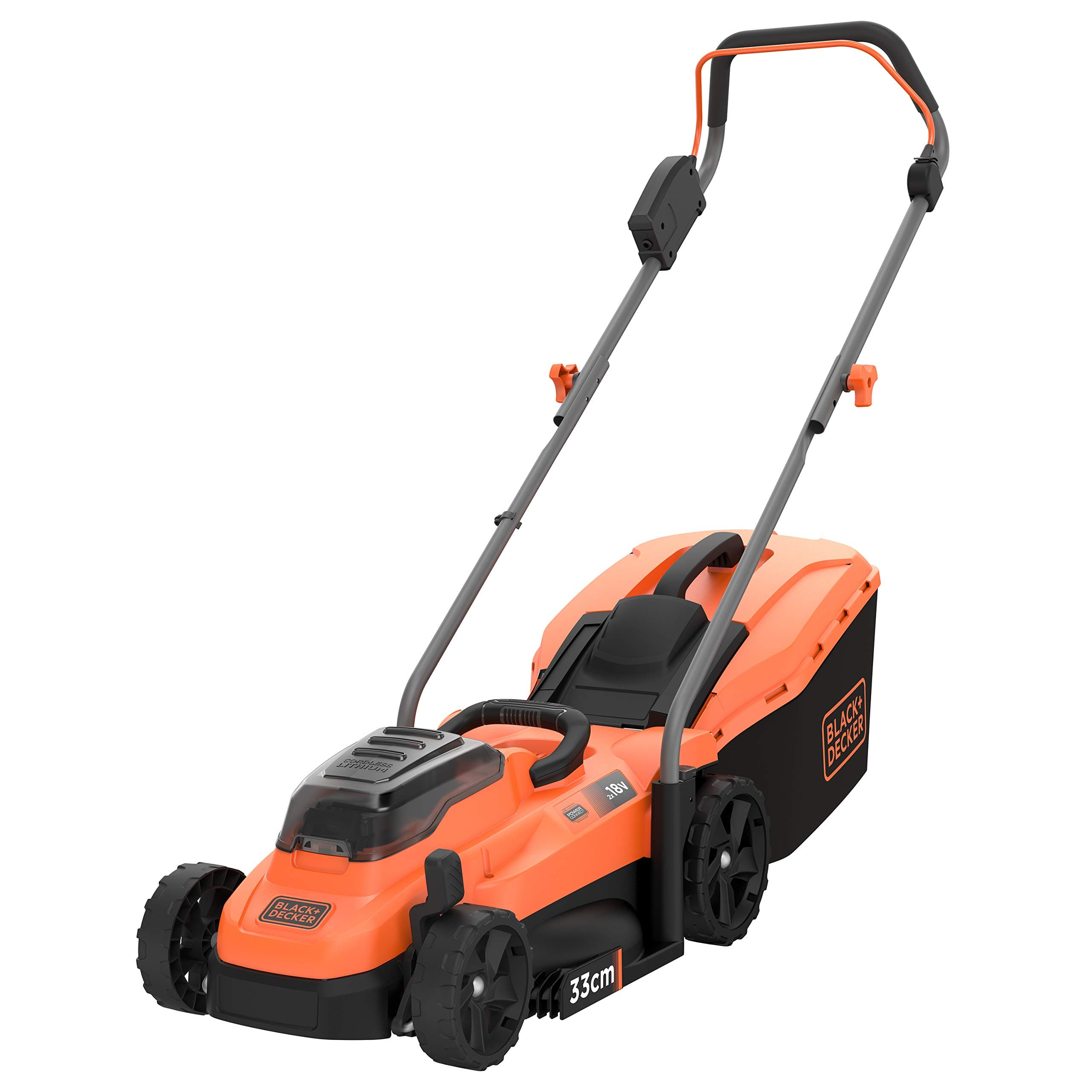 BLACK+DECKER Mower - 18V - 33 cm - Garden up to 350 m² - Mulching Function - 5 Adjustable Cutting Heights - 35 L - Pram Shaped Handle - 2 Batteries and 1 Charger - BCMW3318L2-QW Orange/Black - Image 1