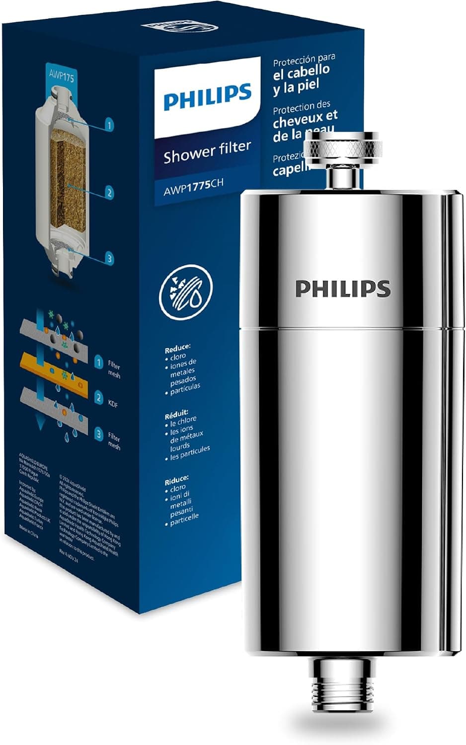 Philips Water Shower filter with 1 cartridge, compatible with all standard hoses and taps, reduces CHLORINE up to 99%, CHROME, filtration capacity of 50,000 L