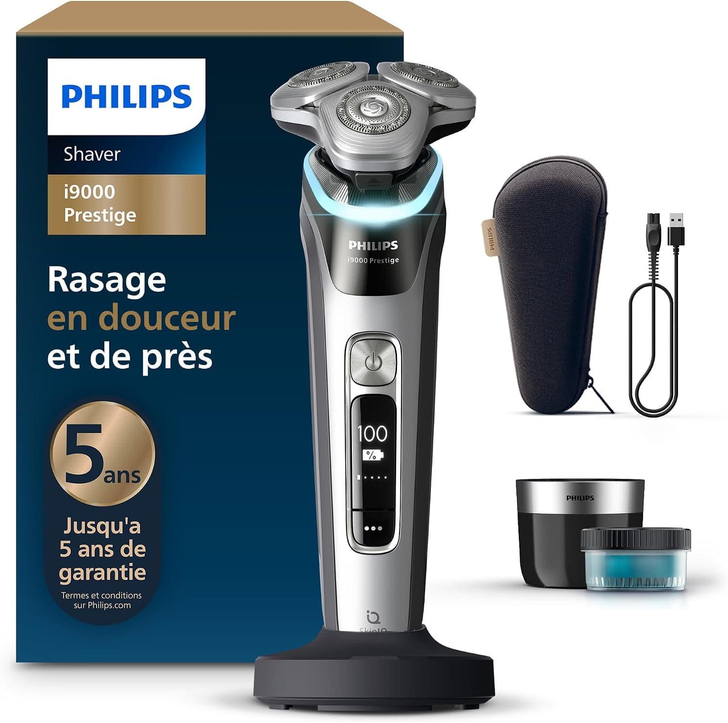 Philips Rasoir i9000 Prestige, rasoir électrique sec et humide, avec technologie Skin IQ, système Triple Lift & Cut, lames rotatives 360 Dual SteelPrecision, modèle XP9205/30 - Image 1