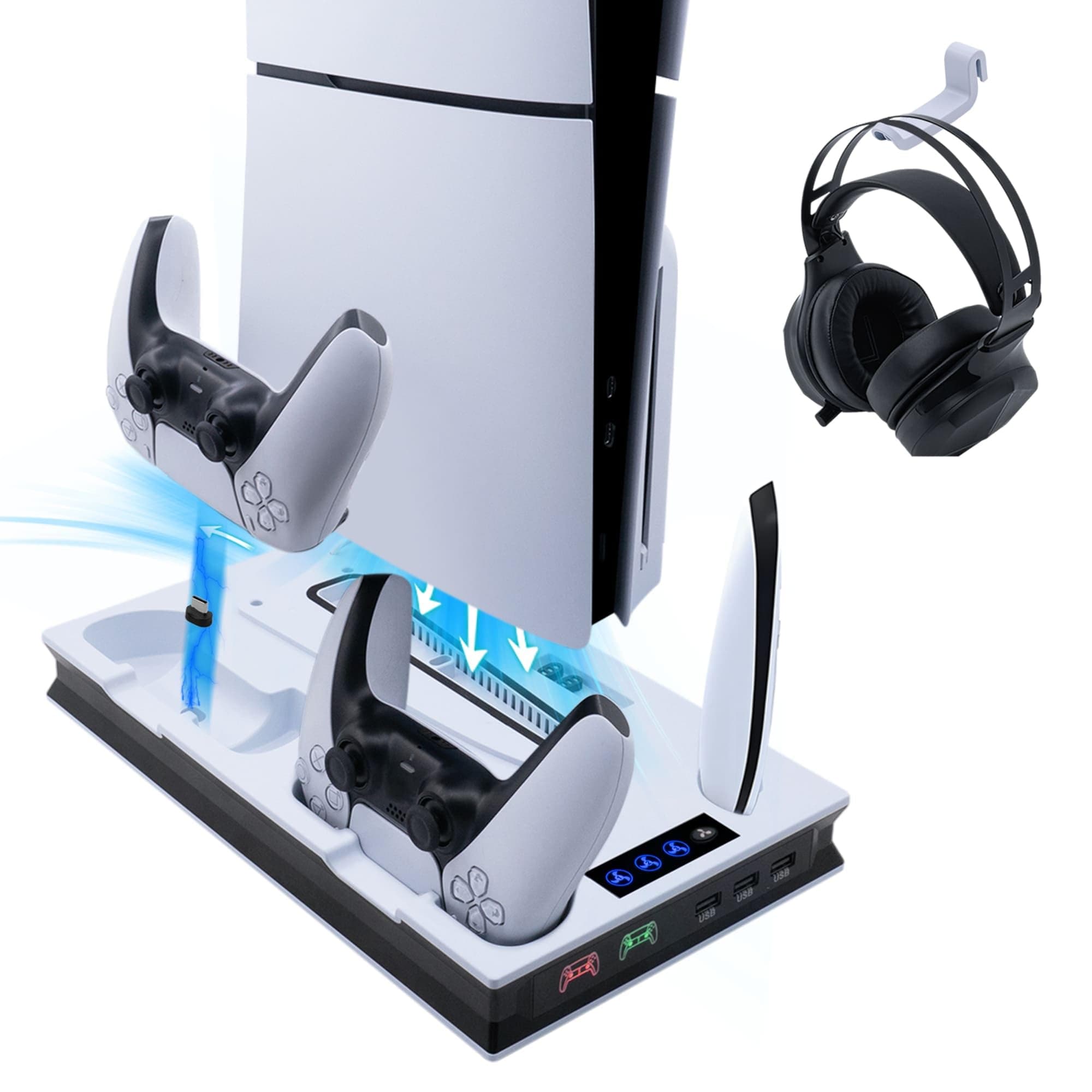 Wigearss PS5/PS5 Slim/PS5 Pro Cooling Station Fan, Vertical Charging Stand with Dual Controller Charger, 3 Levels Adjustable Ventilation Speed