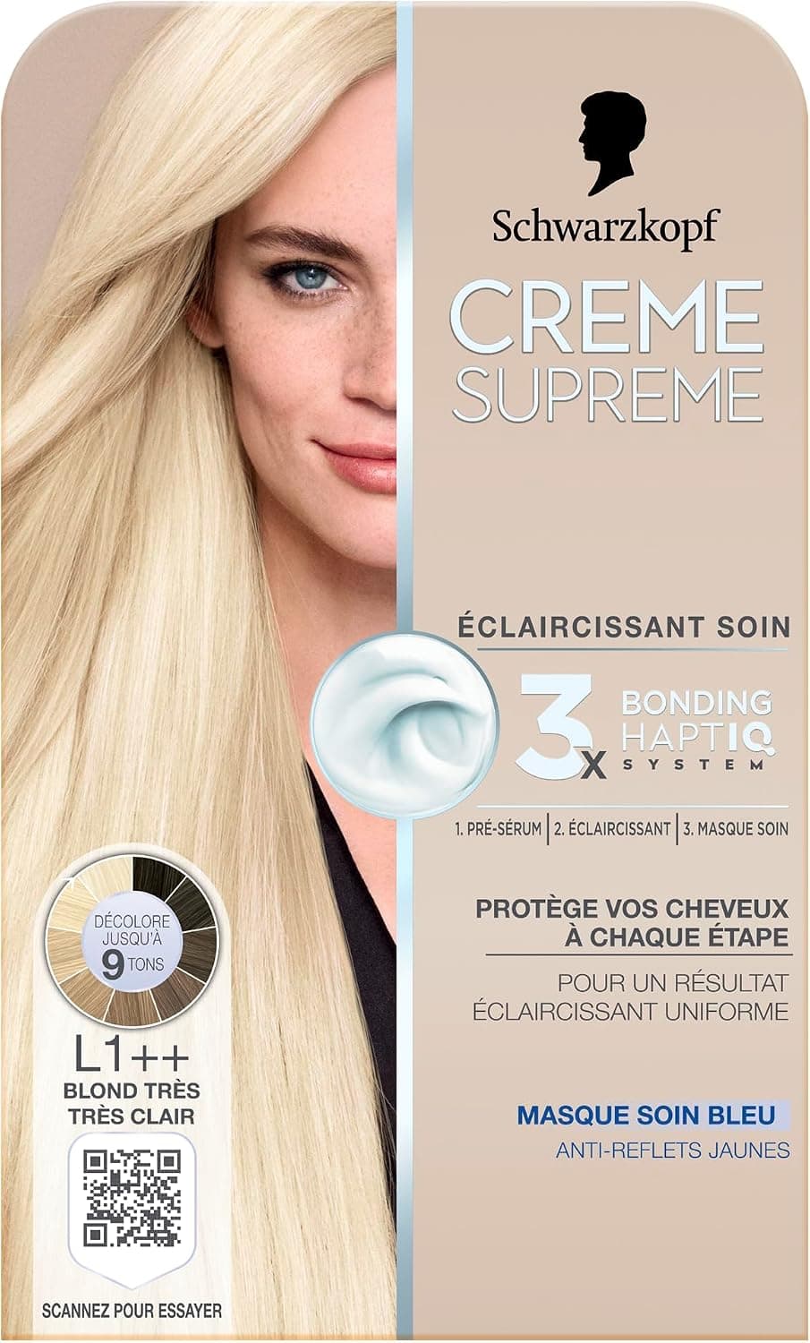 Creme Supreme - Schwarzkopf - Coloration Permanente - Resultat Uniforme - Pre-serum - Eclaircissant - Masque Soin Bleu - Anti-Reflet Jaunes - Decolore jusqu'à 9 tons - L1++ - Blond Très Très Clair