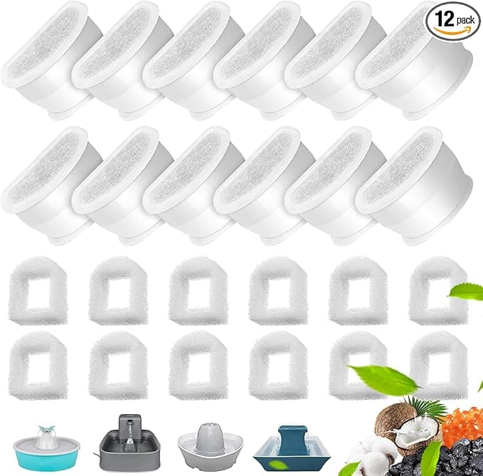 PetSafe Cat Water Fountain Filter, 12 Replacement Charcoal Filters+12 Replacement Foam Filter for PetSafe Drinkwell Avalon, Pagoda, 2 Gallon, Sedona and Seascape Fountains