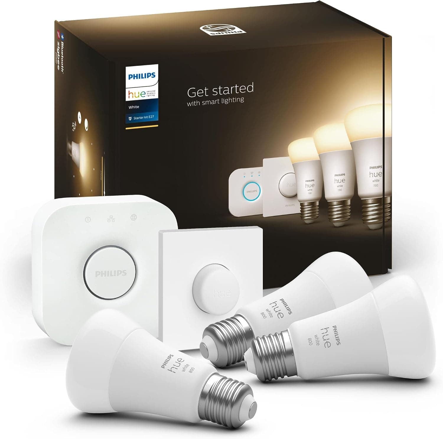 Philips Hue Philips Hue Kit de démarrage White : 3 Ampoules LED Intelligentes et connectées E27, Pont de Connexion, Bouton Smart Hue, Compatible Bluetooth, Alexa, Google Assistant, Apple HomeKit