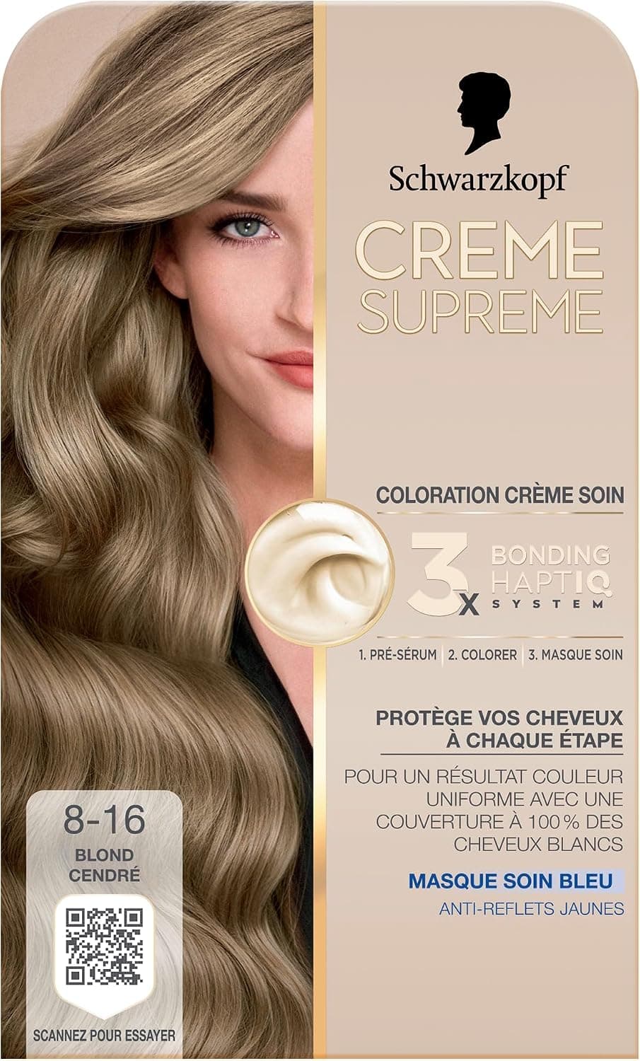 Creme Supreme - Schwarzkopf - Coloration Permanente- Resultat Couleur Uniforme - Coloration Creme Soin - Bonding - Pre-serum et Masque Soin - Couverture 100% Cheveux Blancs - 8-16 - Blond Cendre