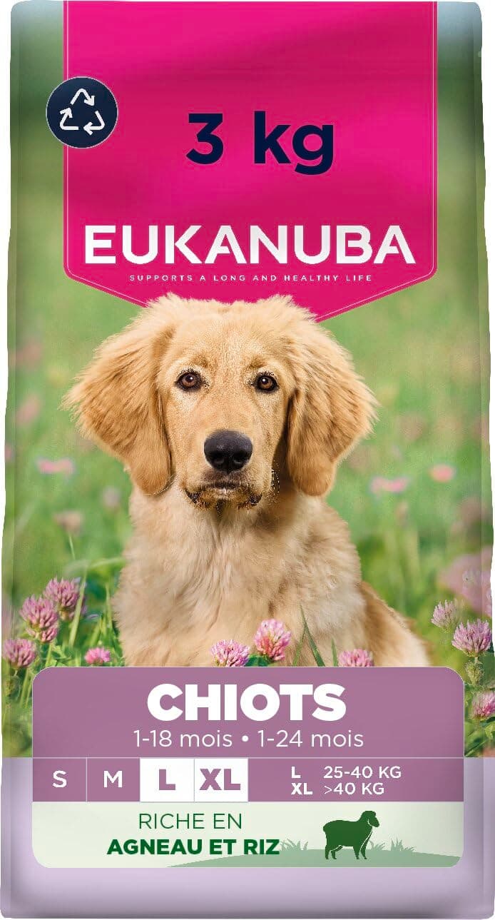 EUKANUBA Life Care Puppy & Junior Large Breed Food 1 to 18 Months, Giant Breeds 24 Months, Rich in Lamb & Rice, DHA, Calcium, Omega 3&6, FOS, MOS, No Dyes, Artificial Flavours or GMOs - 3 kg - Image 1