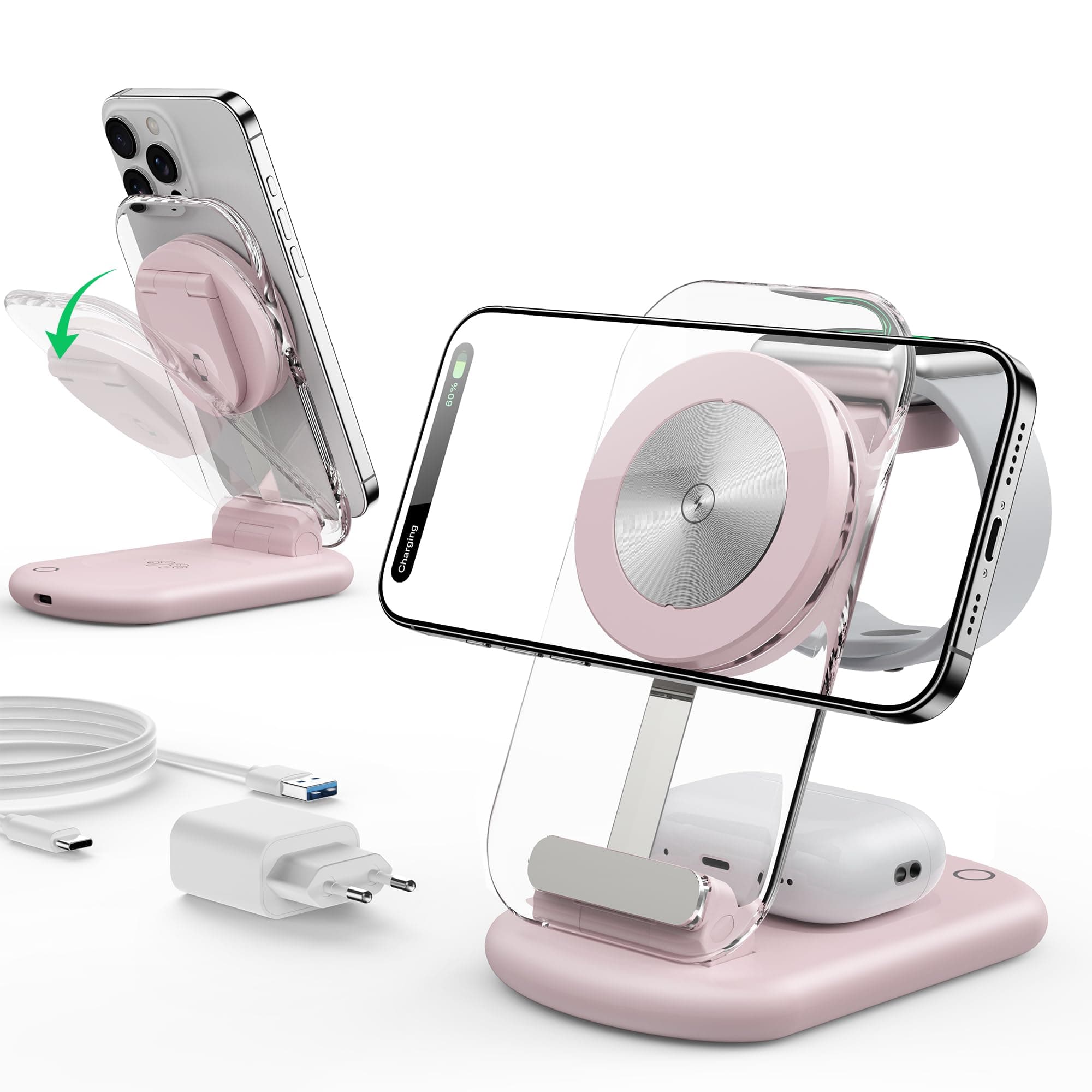 Mag Safe Charger, Charging Station and iPhone 3 in 1 Compatible with iPhone 17 16 15 14 13 12 Pro Max/Air/Plus/Pro, for Apple Watch 10/9, Airpods 3/2/Pro, Foldable, Pink