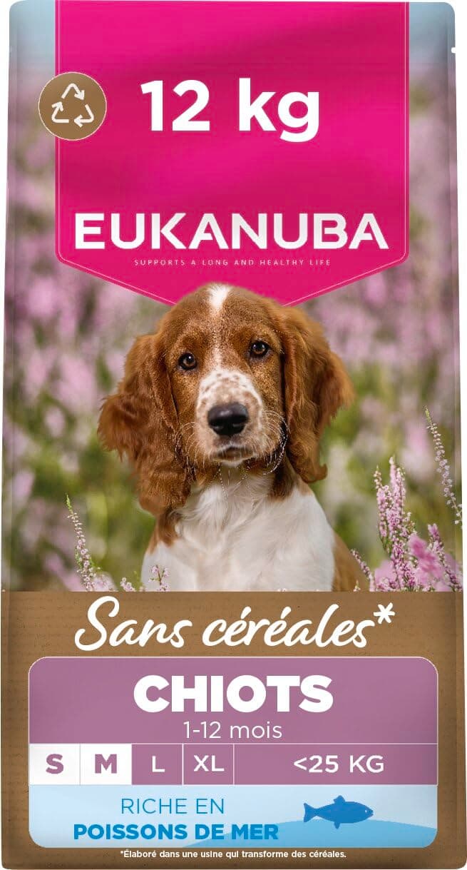 Eukanuba Premium Grain Free Dry Food Puppies Small and Medium Breeds - Rich in Ocean Fish - Hypoallergenic - DHA, Calcium - 12kg