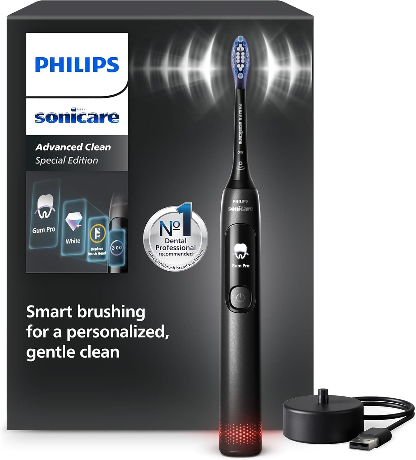 Philips Brosse à dents électrique Philips Sonicare AdvancedClean série limitée – écran intelligent, capteur de pression, tête de brosse de rechange, 5 modes de brossage et SmarTimer, noir, modèle HX3792/11