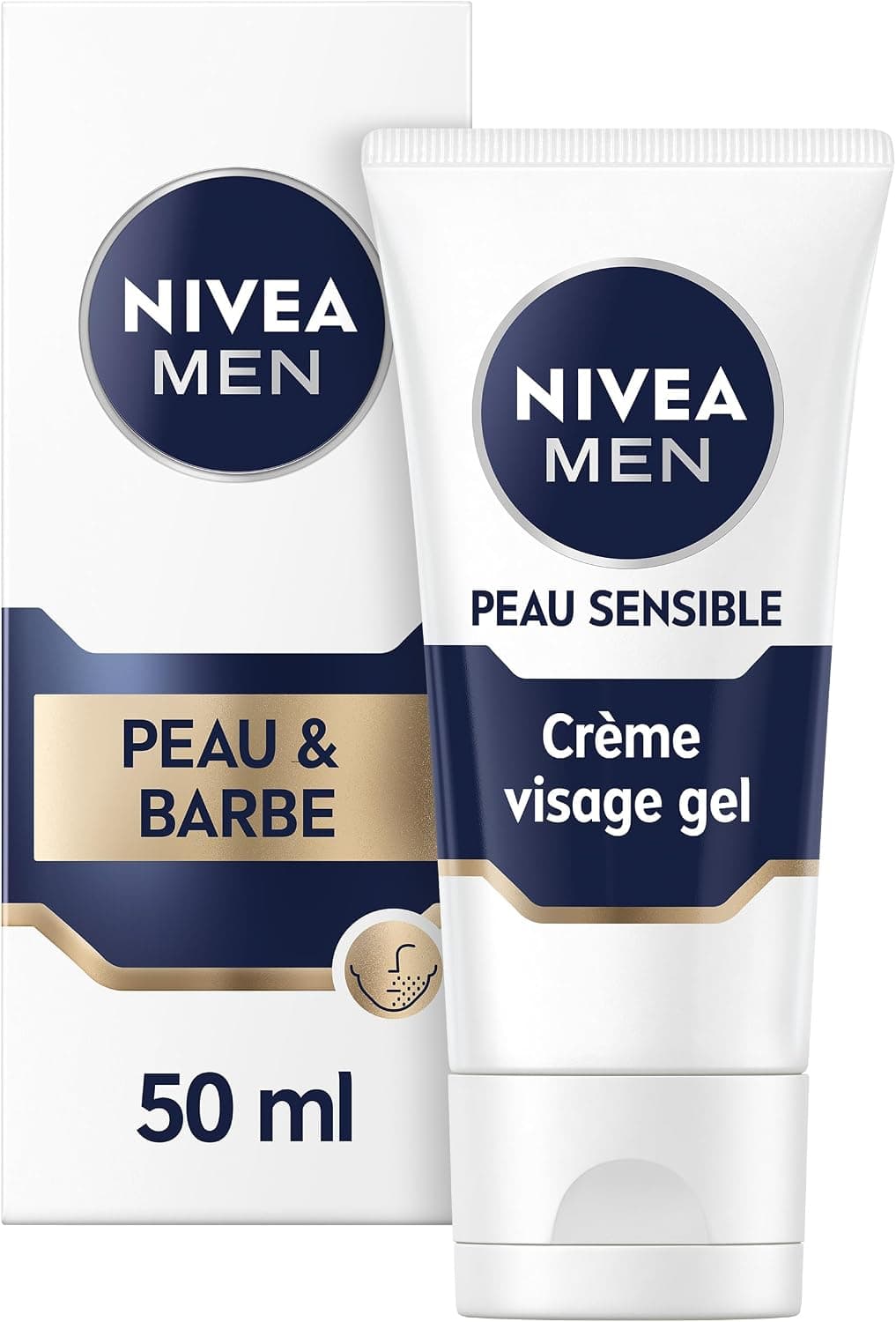 NIVEA MEN Crème Visage Gel Peau & Barbe pour peaux sensibles (1 x 50 ml), crème visage hydratante homme 0% alcool, soin barbe homme apaisant à la peau sensible et irritée