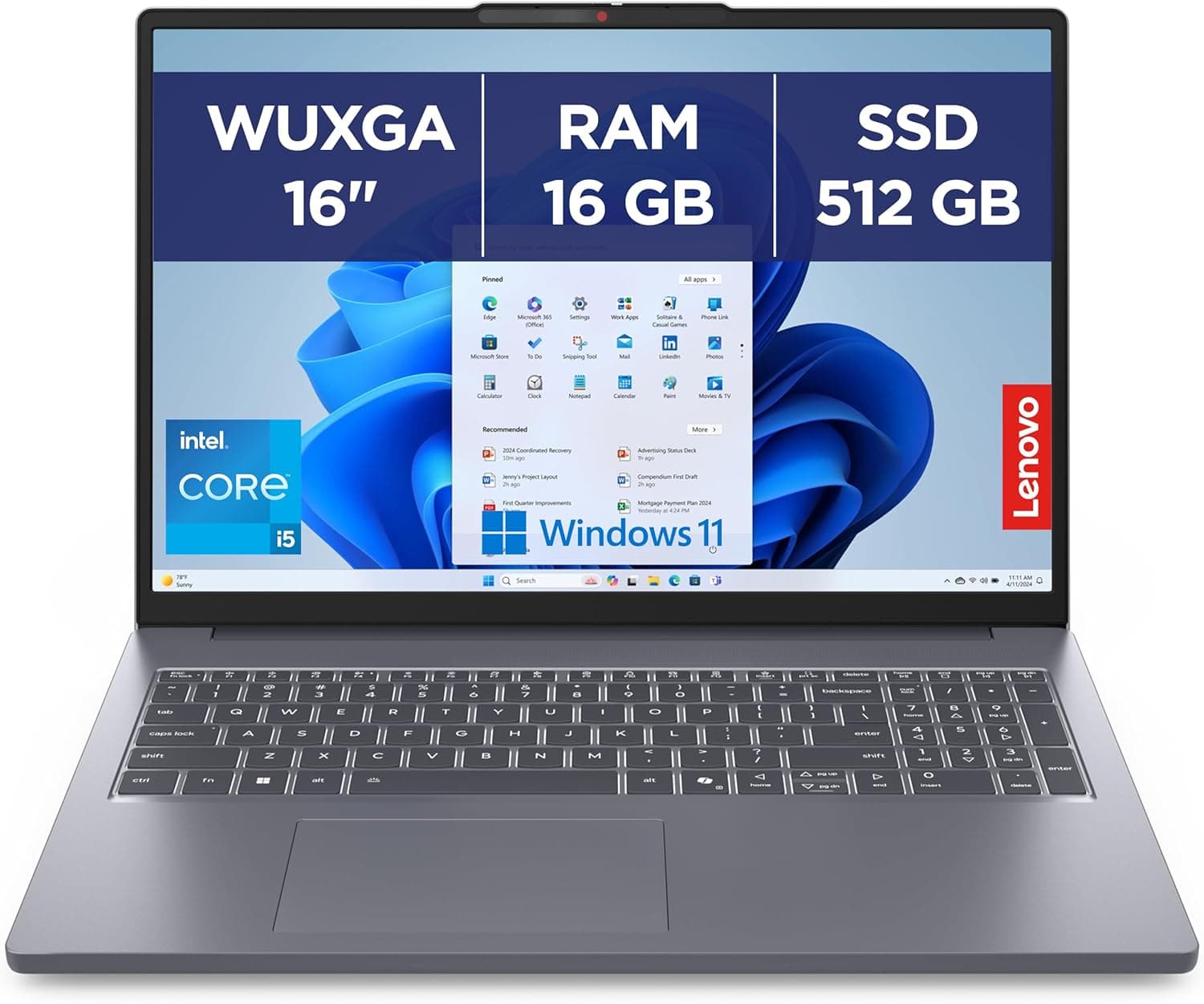 Lenovo IdeaPad Slim 3 16IRH10 – 16 Inch WUXGA Laptop (Intel Core i5-13420H, 16GB RAM, 512GB SSD, Intel UHD Graphic, Windows 11 Home) French AZERTY Keyboard – Grey