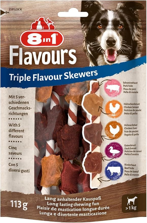 8in1 Triple Flavour Skewers - 6 Adult Dog Chew Skewers - More Meat, More Chew Time, Limits Tartar - Non-GMO, Artificial Preservative - Image 1