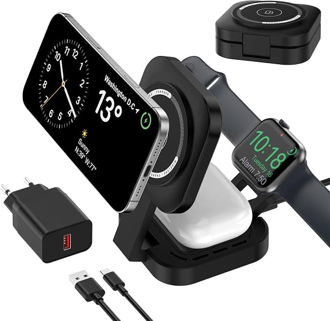 3 in 1 Wireless Charger for Apple Devices, Induction Charger, 3 in 1 Fast Charging Station for Magsafe iPhone 17/Air/16/15/14/13/12, Apple Watch, AirPods Pro/2/3/4 (Adapter Included) (Black) - Image 1