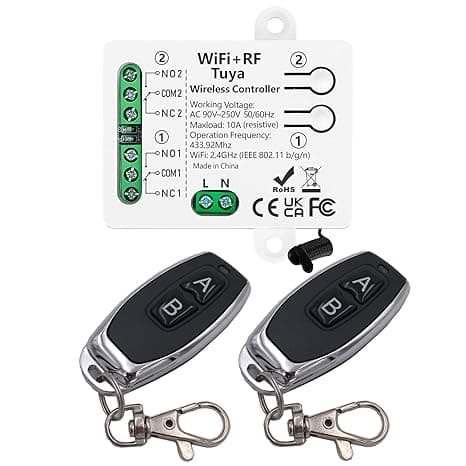 DieseRC Tuya 2-Channel Smart WiFi Switch, AC 90V-250V 220V Passive Output Relay Module, with 2 RF Remotes, Compatible with Alexa/Google Home