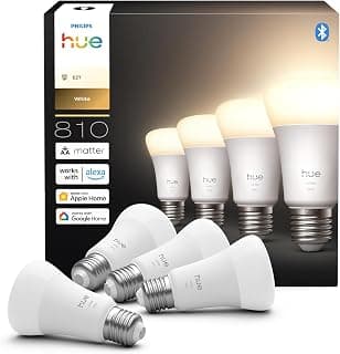 Philips Hue Philips Hue Ampoule LED connectée A60, Lumière blanche chaude 2700 K, Culot E27, 9,5 W, 810 lumens, Intensité variable, Compatible avec Alexa, Google Assistant et Apple Home, pack de 4
