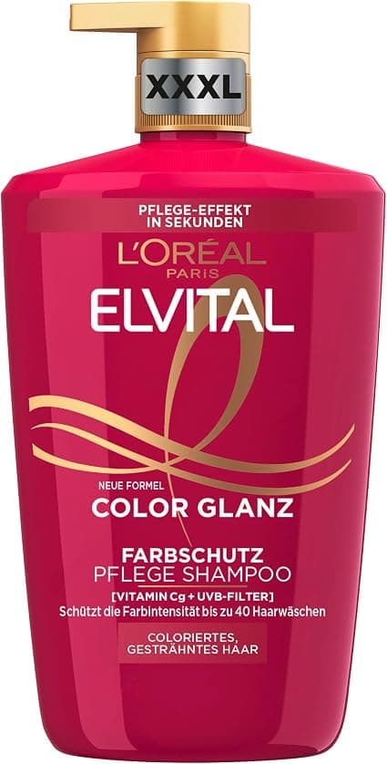 L'Oréal Paris Elvital XXXL Shampoo for Coloured, Dyed or Highlighted Hair with Peony Extract and UVA/UVB Filter, 1 x 1000 ml - Image 1