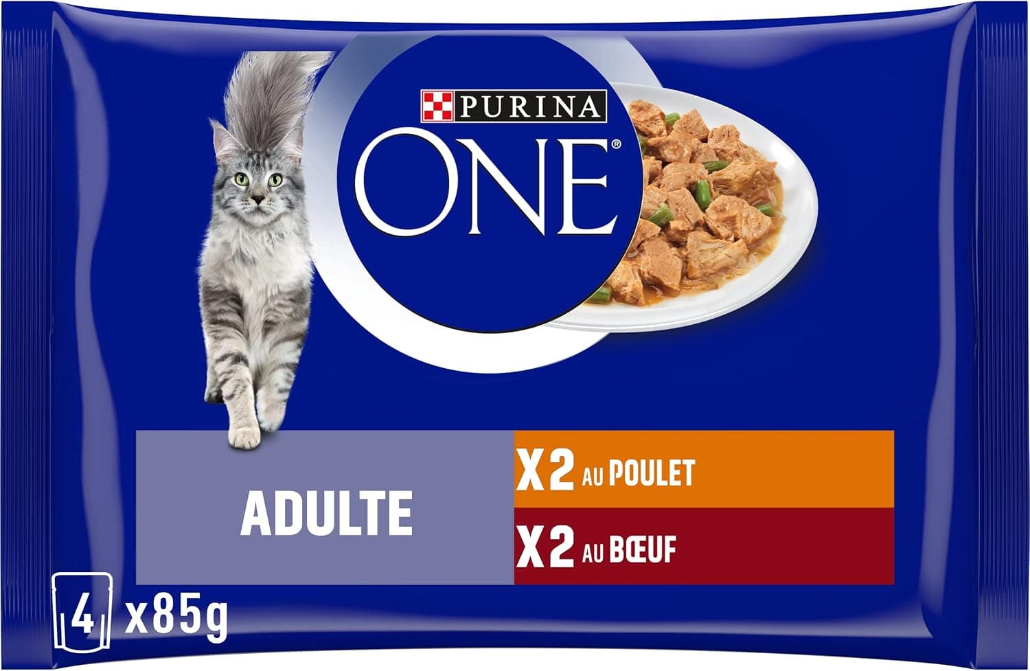PURINA ONE | BIFENSIS | Chat Adulte | Soutien la vitalité du Chat, Les os, Les Muscles et Les articulations | Effilés en Sauce | Poulet, Boeuf | Sachets Fraîcheur | Lot de 12 (4 x 85g) - Image 1